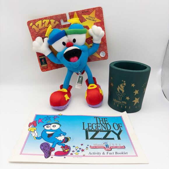 1996 Atlanta Olympics Izzy Plush w/ Tag + Legend of Izzy Booklet & Koozie - Picture 1 of 12